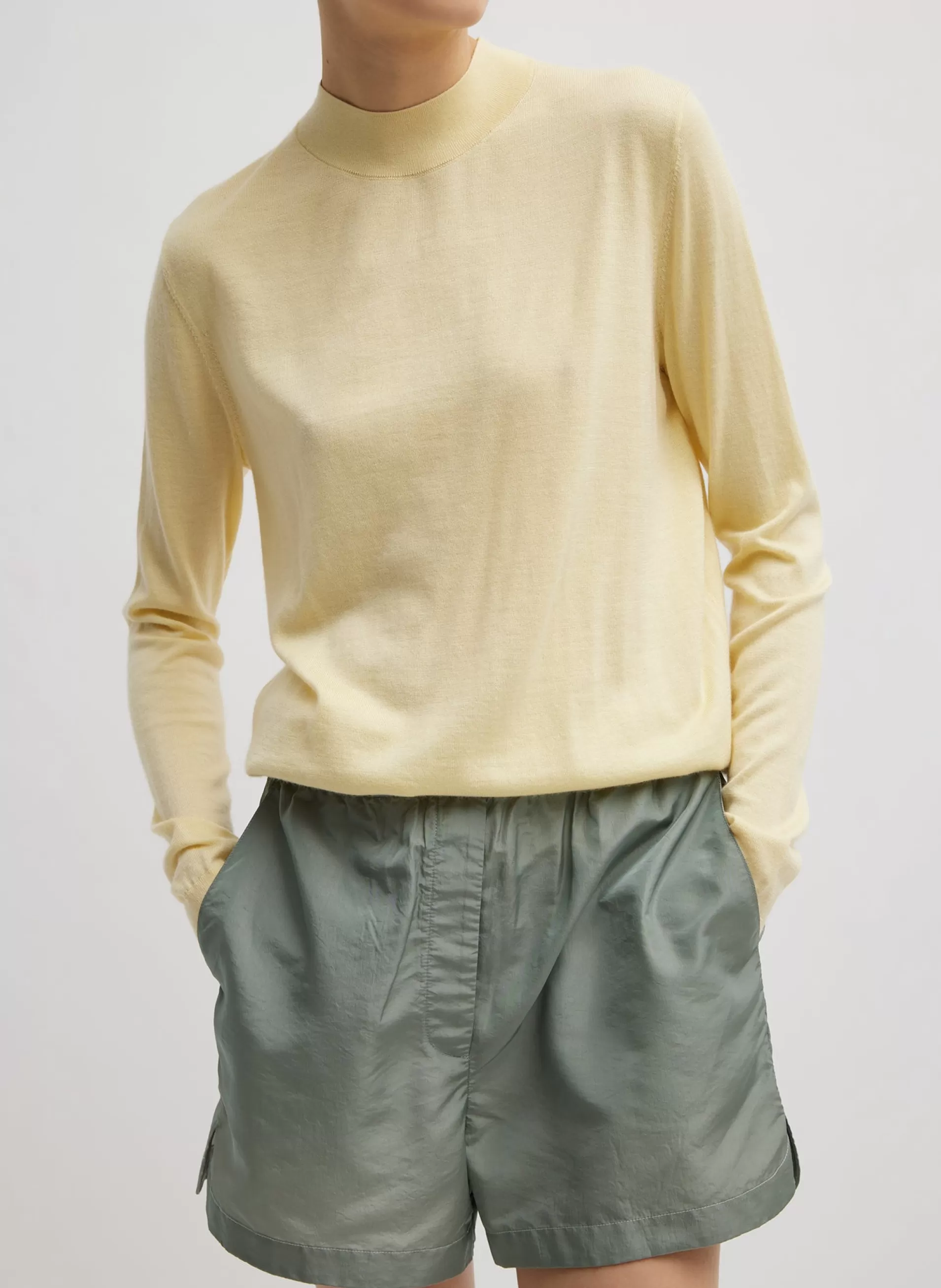 Shop Tibi Cashmere Silk Blend Mock Neck Easy Sweater Lemon Ice