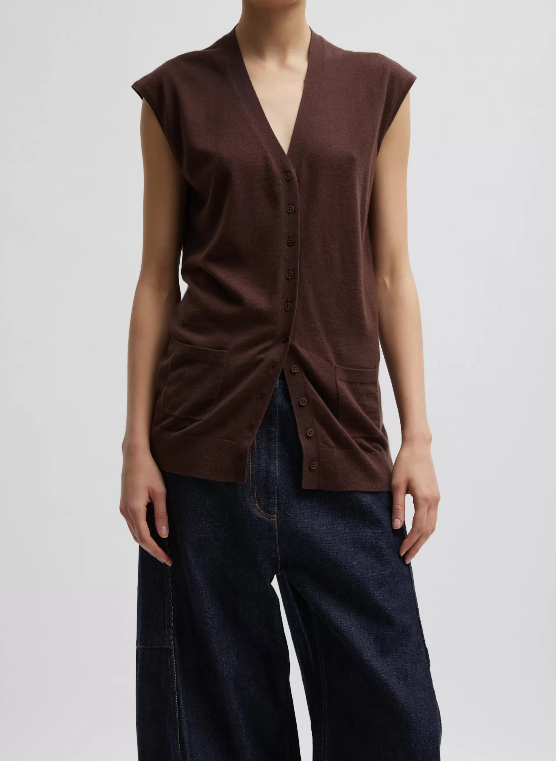 Shop Tibi Cashmere Silk Blend Sleeveless Button Down Sweater Hickory