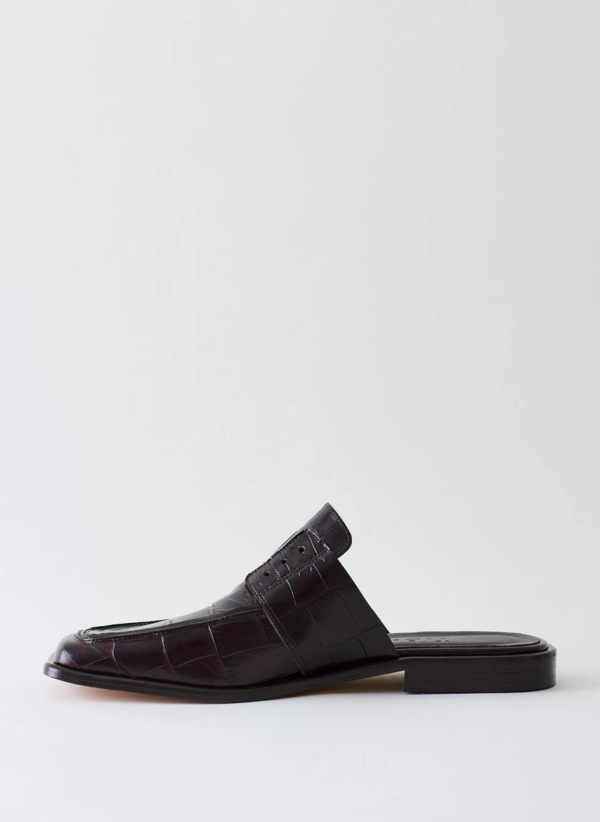 New Tibi Croc Print Pedro Slide Square Toe Loafer Dark Brown