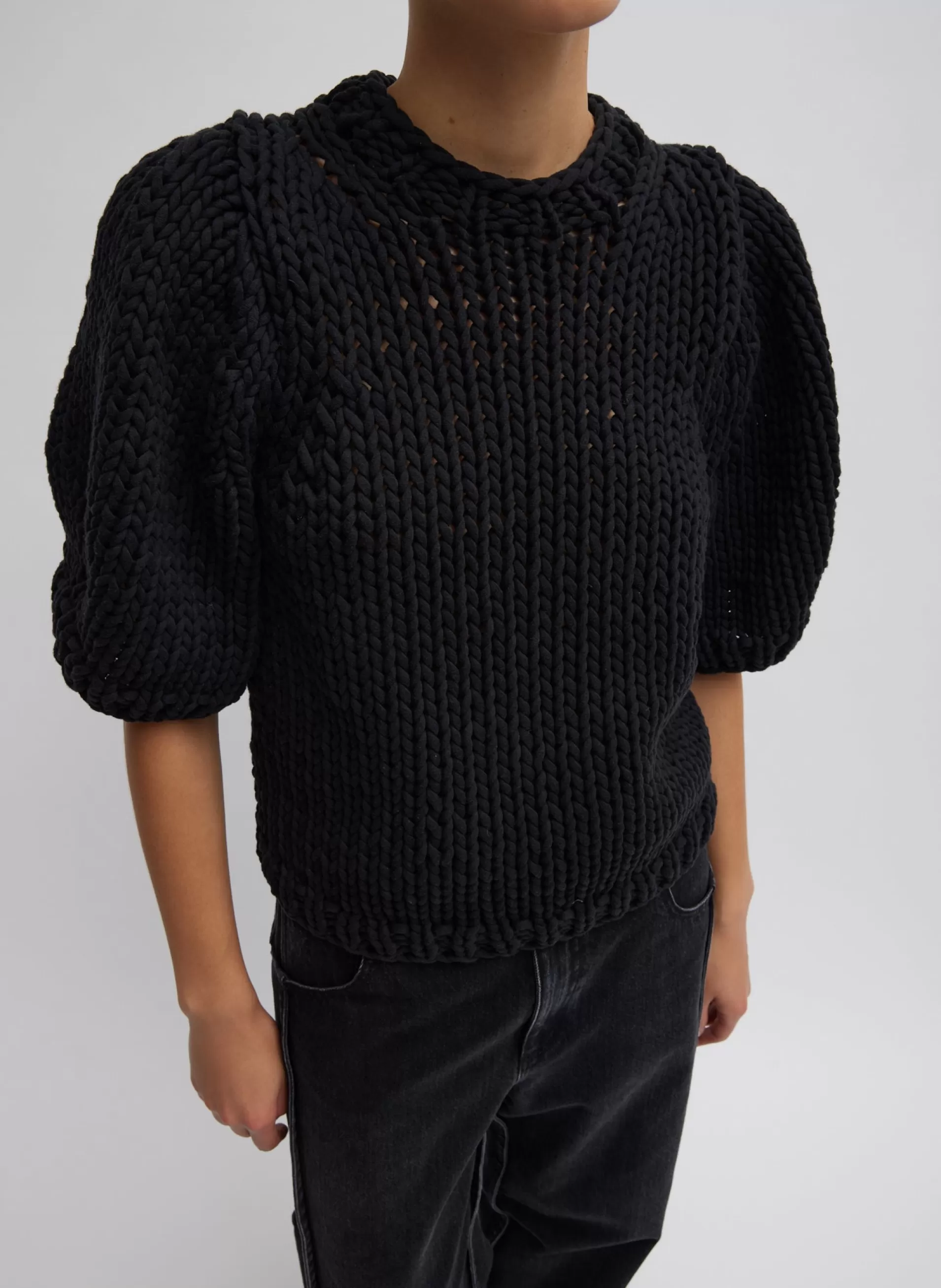 Clearance Tibi Deluxe Tube Yarn Sweater Mini Puff Pullover Black