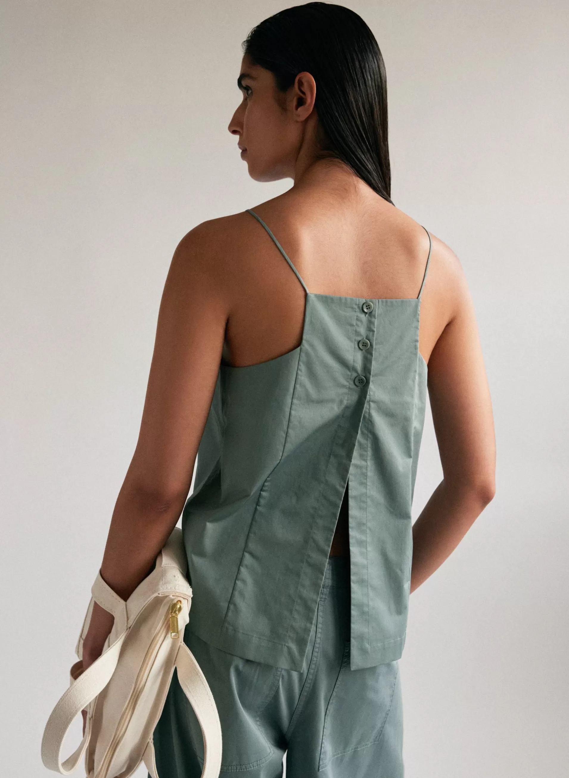 Cheap Tibi Eco Poplin Cropped Square Neck Criss Cross Tank Green Limestone