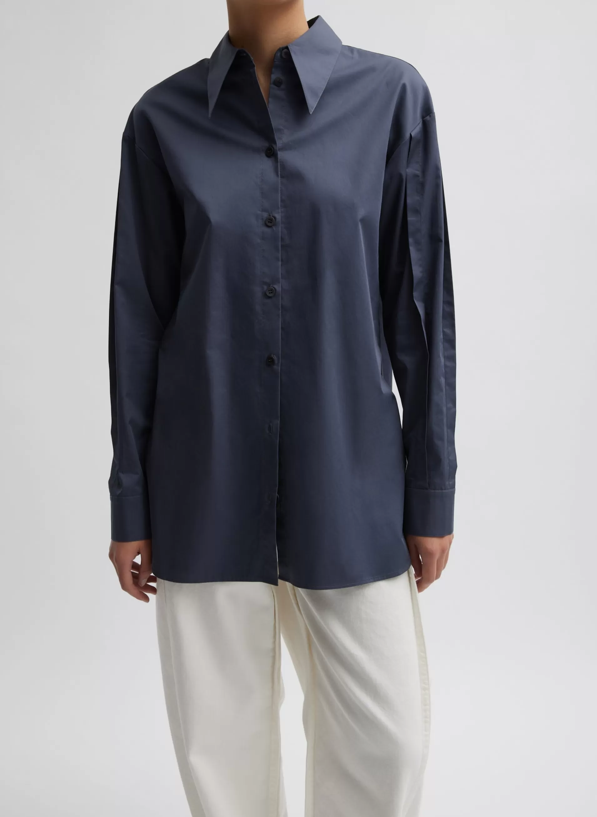 Discount Tibi Eco Poplin Shirt With Tucked Sleeve Shark Grey
