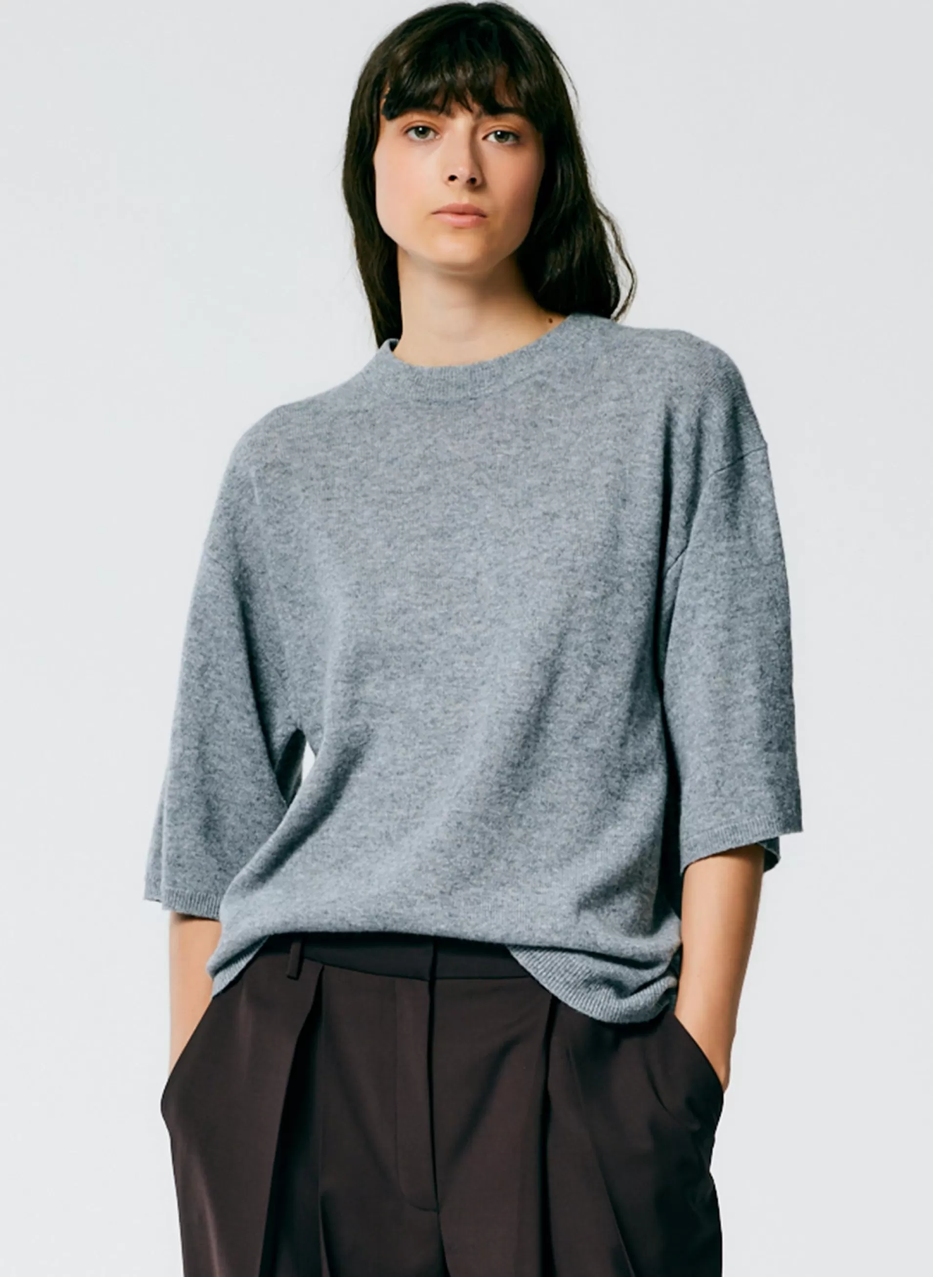 Hot Tibi Feather Weight Cashmere Oversized Easy T-Shirt Heather Grey