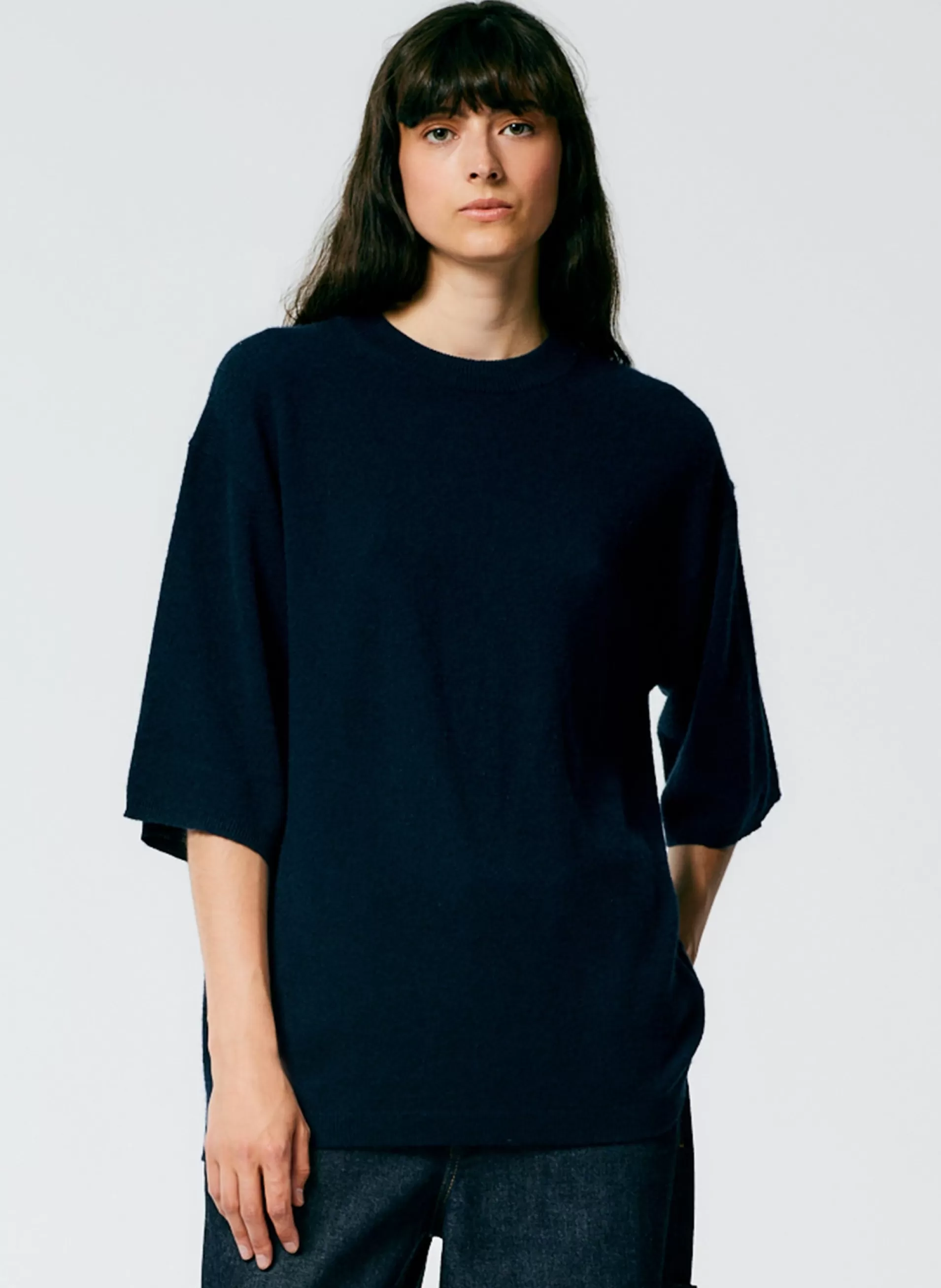 Cheap Tibi Feather Weight Cashmere Oversized Easy T-Shirt Navy