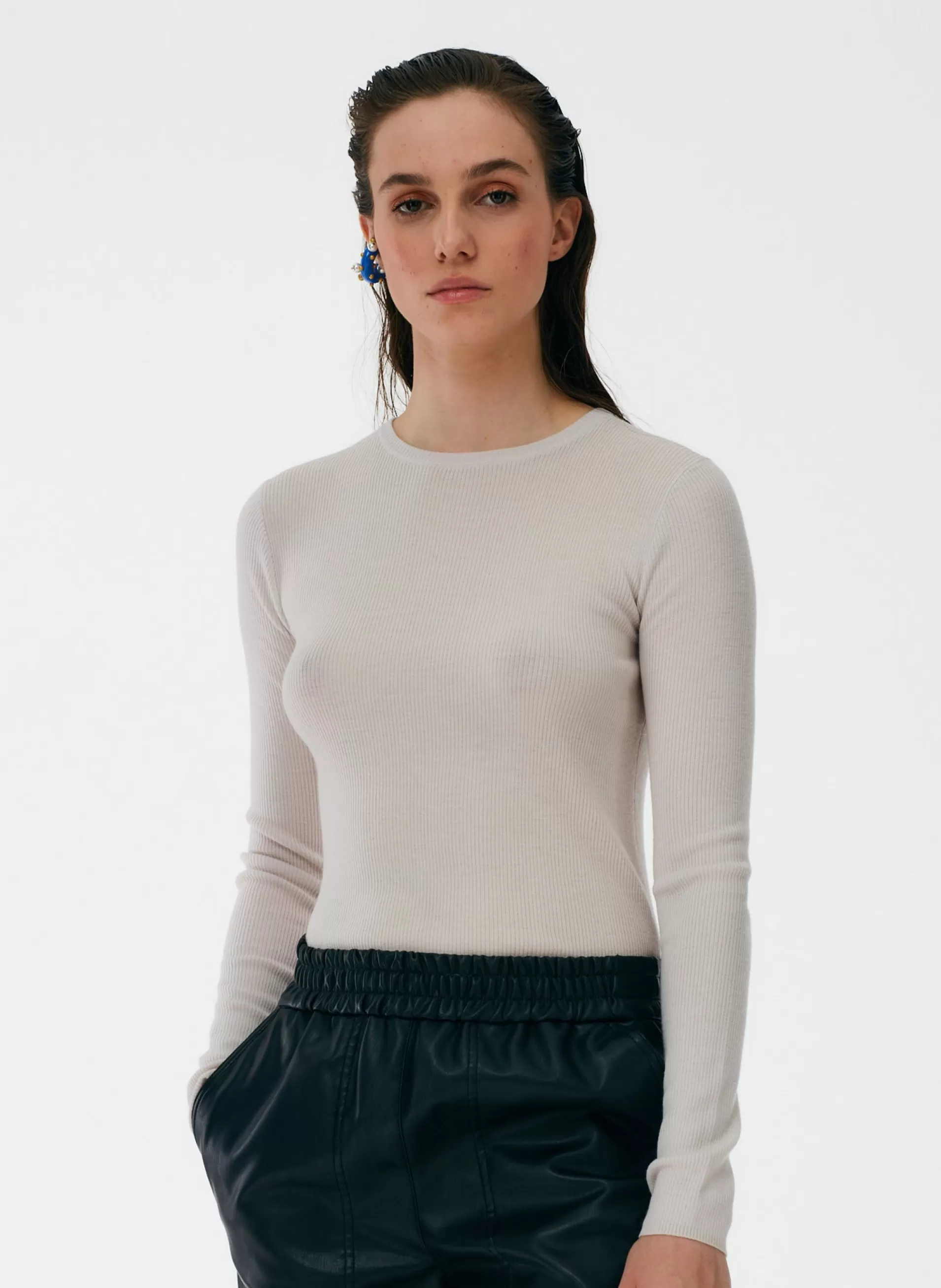 New Tibi Feather Weight Ribbed Crewneck Pullover Sweater Stone