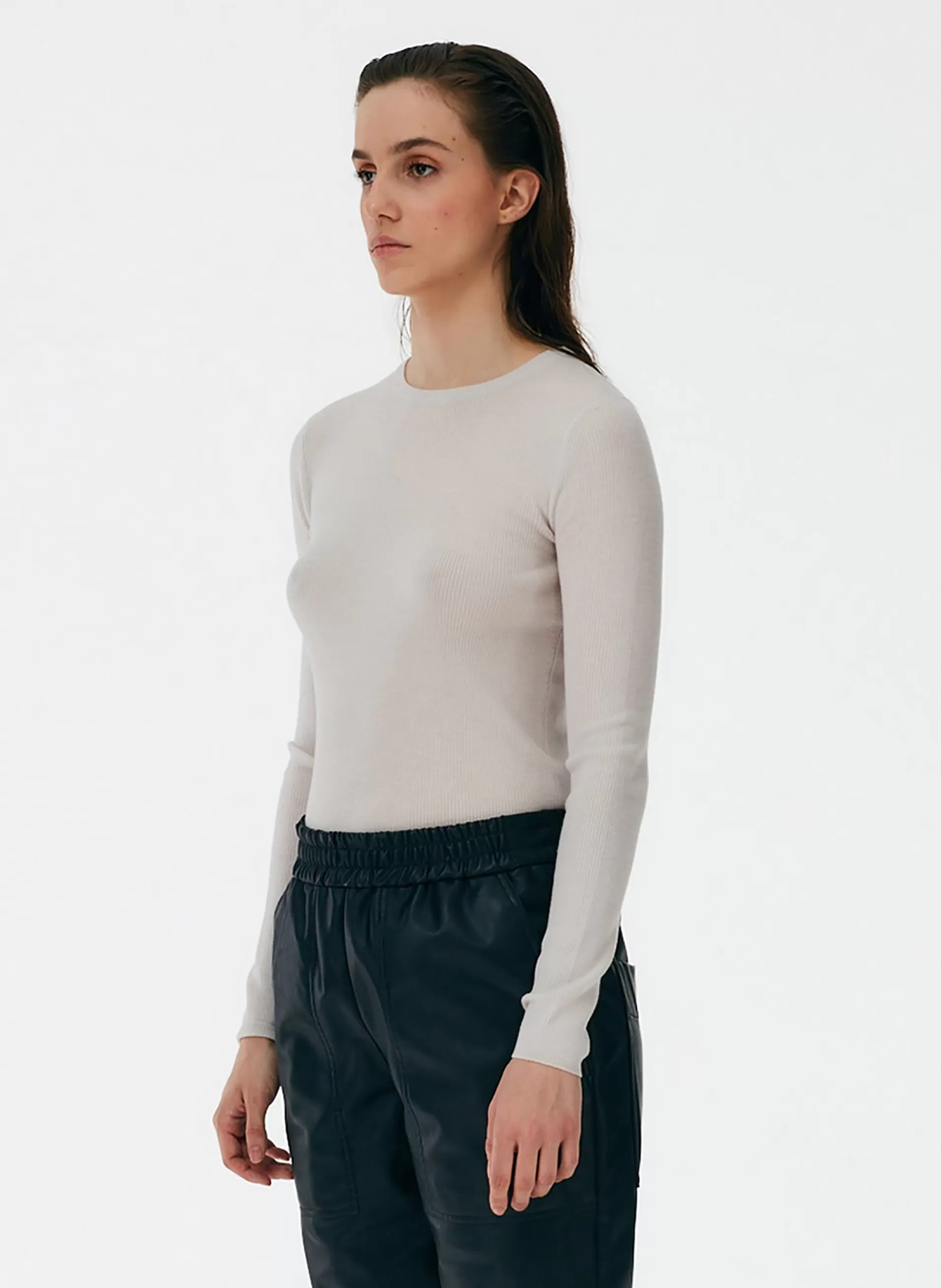 New Tibi Feather Weight Ribbed Crewneck Pullover Sweater Stone