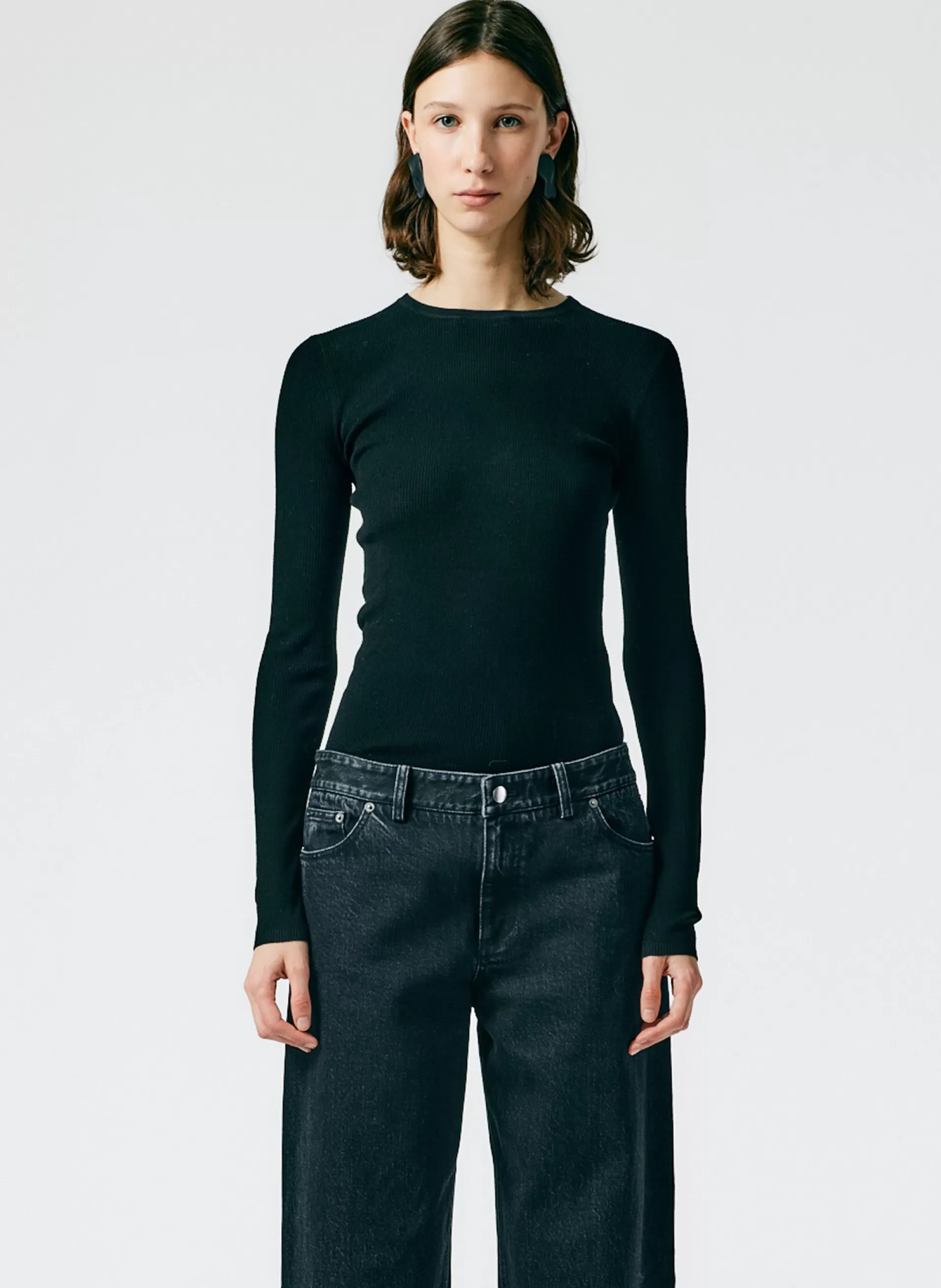 Discount Tibi Feather Weight Ribbed Crewneck Pullover Sweater Black