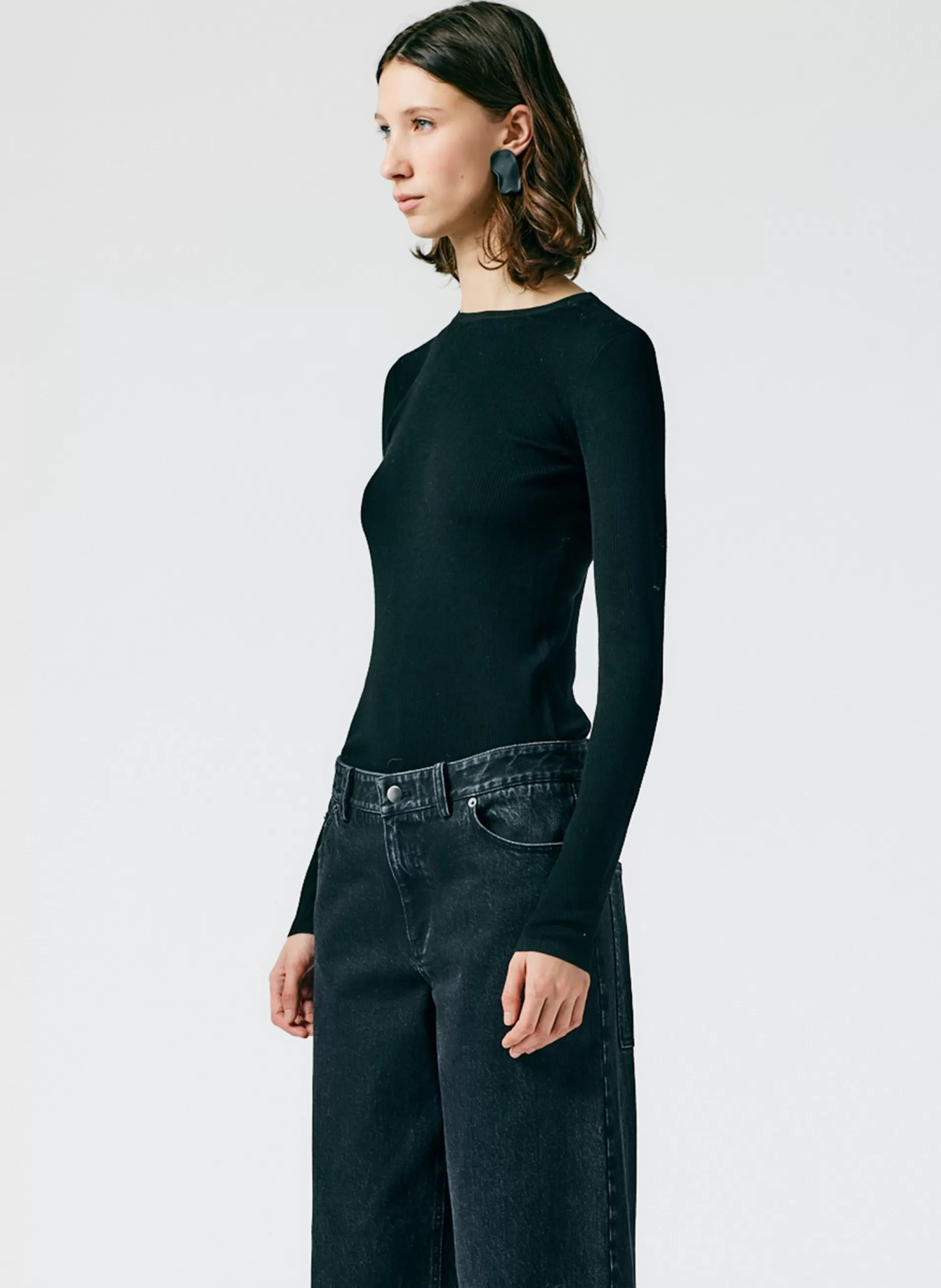 Discount Tibi Feather Weight Ribbed Crewneck Pullover Sweater Black