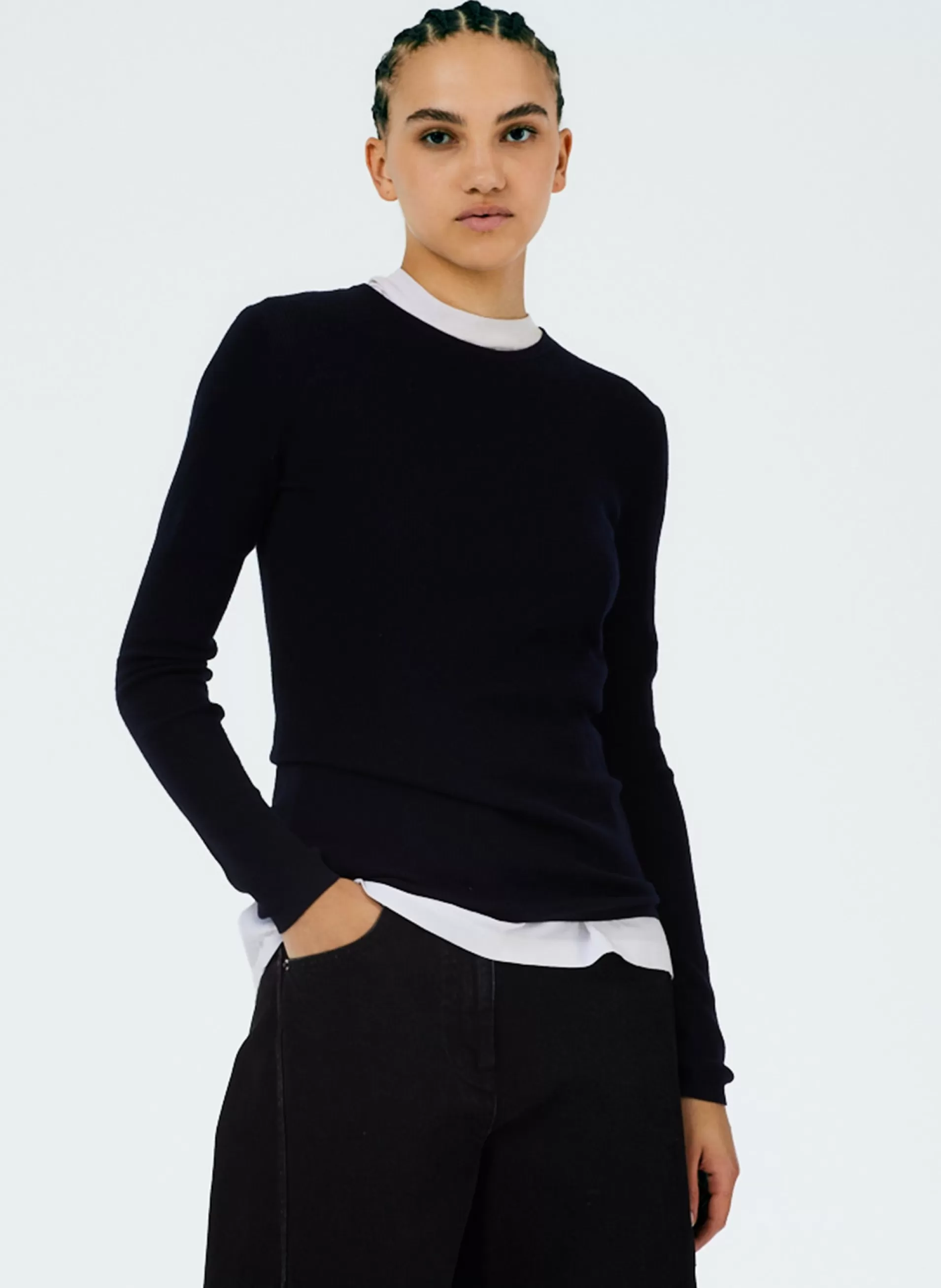 Shop Tibi Feather Weight Ribbed Crewneck Pullover Sweater Navy