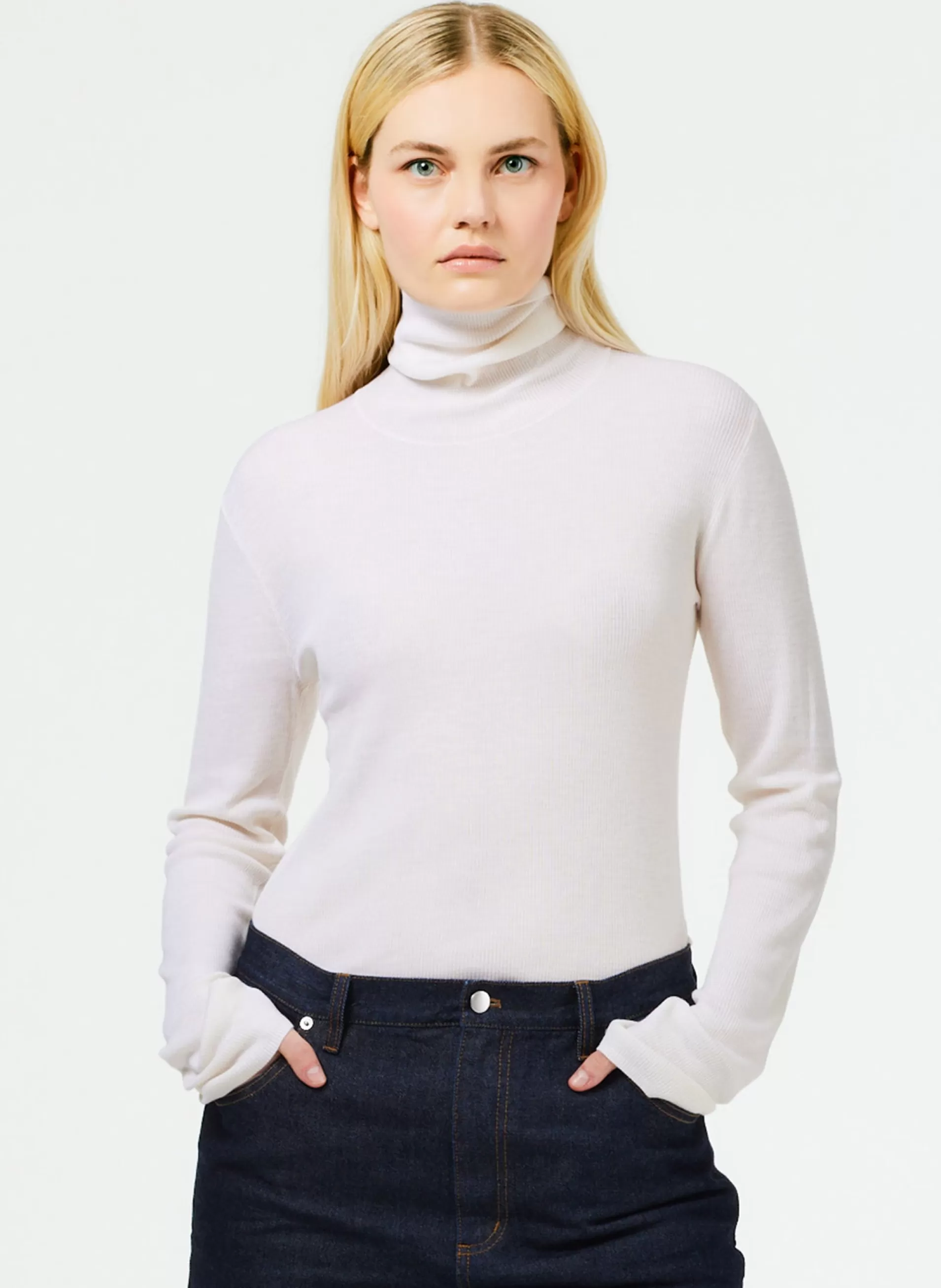 New Tibi Featherweight Ribbed Sweater Turtleneck Pullover Off White