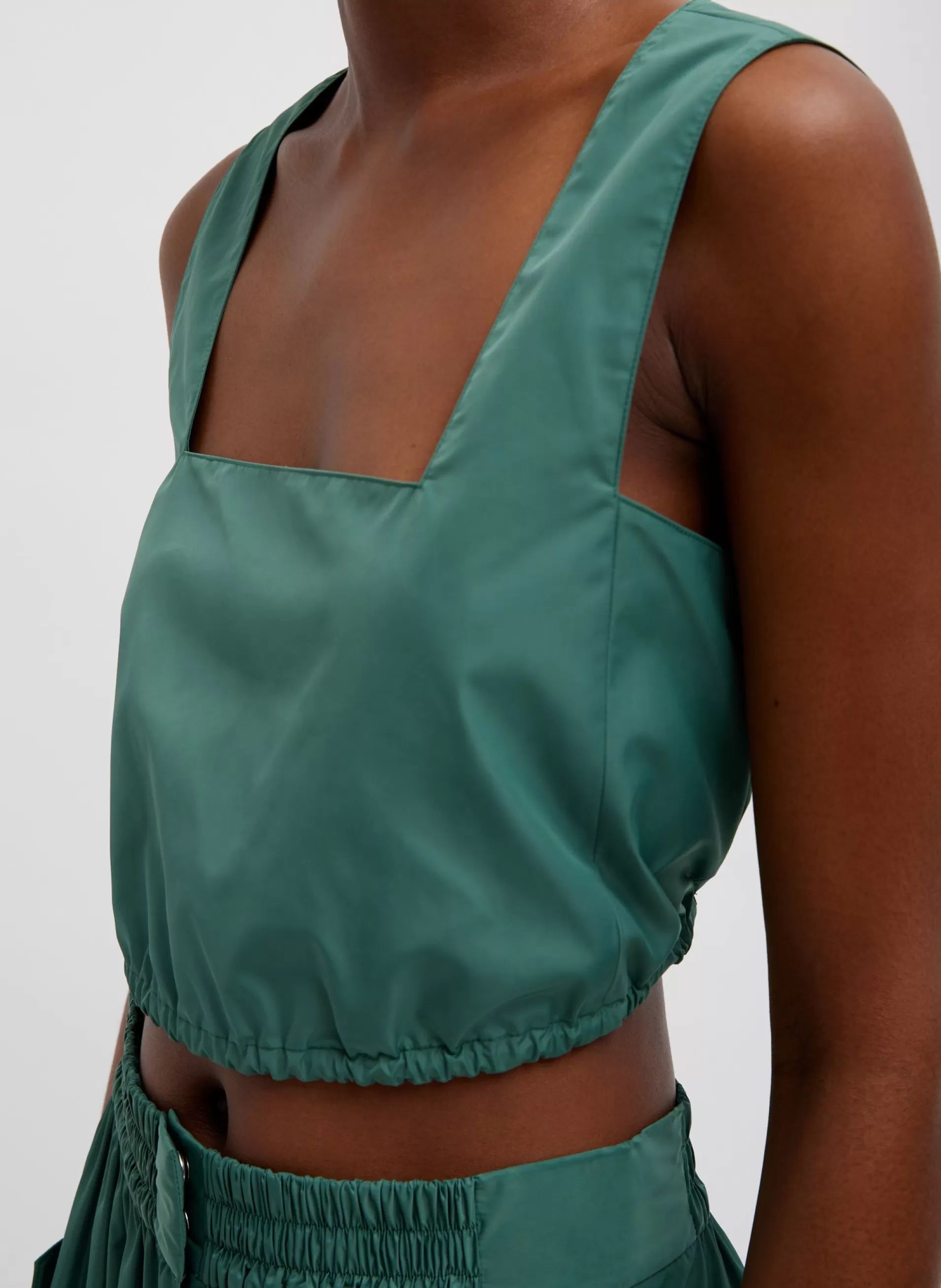 Clearance Tibi Italian Sporty Nylon Cropped Square Neck Top Dark Hunter Green