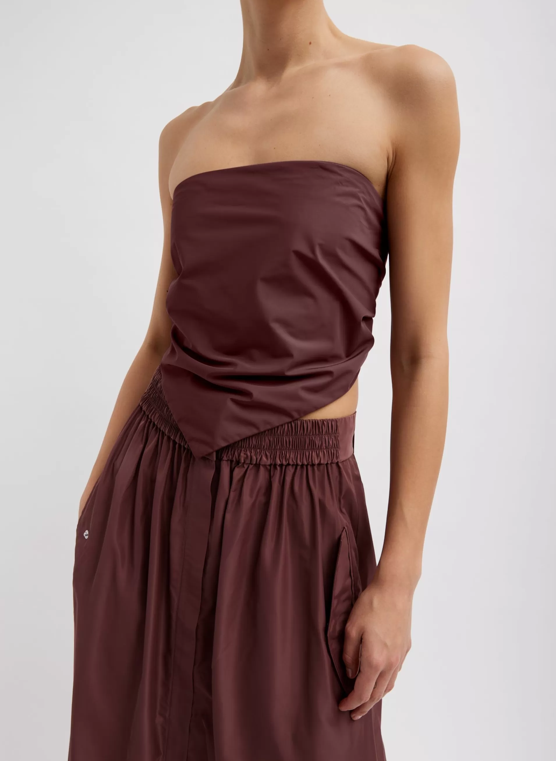 Shop Tibi Italian Sporty Nylon Strapless Bandeau Cinnamon