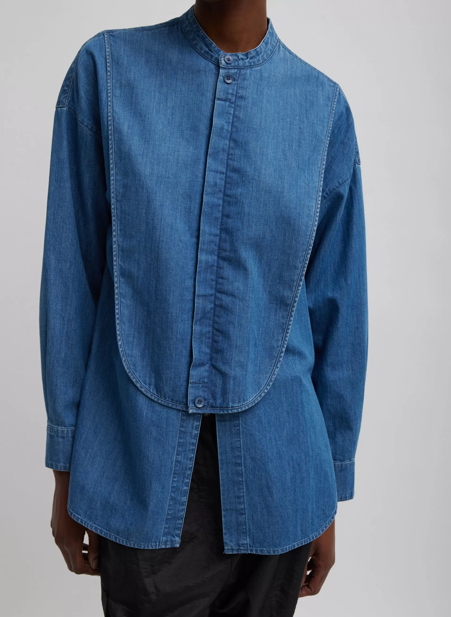 Clearance Tibi Light Weight Stone Wash Denim Tuxedo Shirt Denim Blue