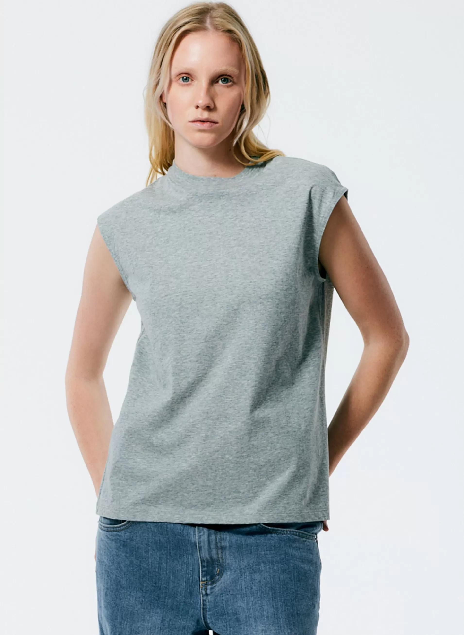 New Tibi Mock Neck Sleeveless T-Shirt Heather Grey