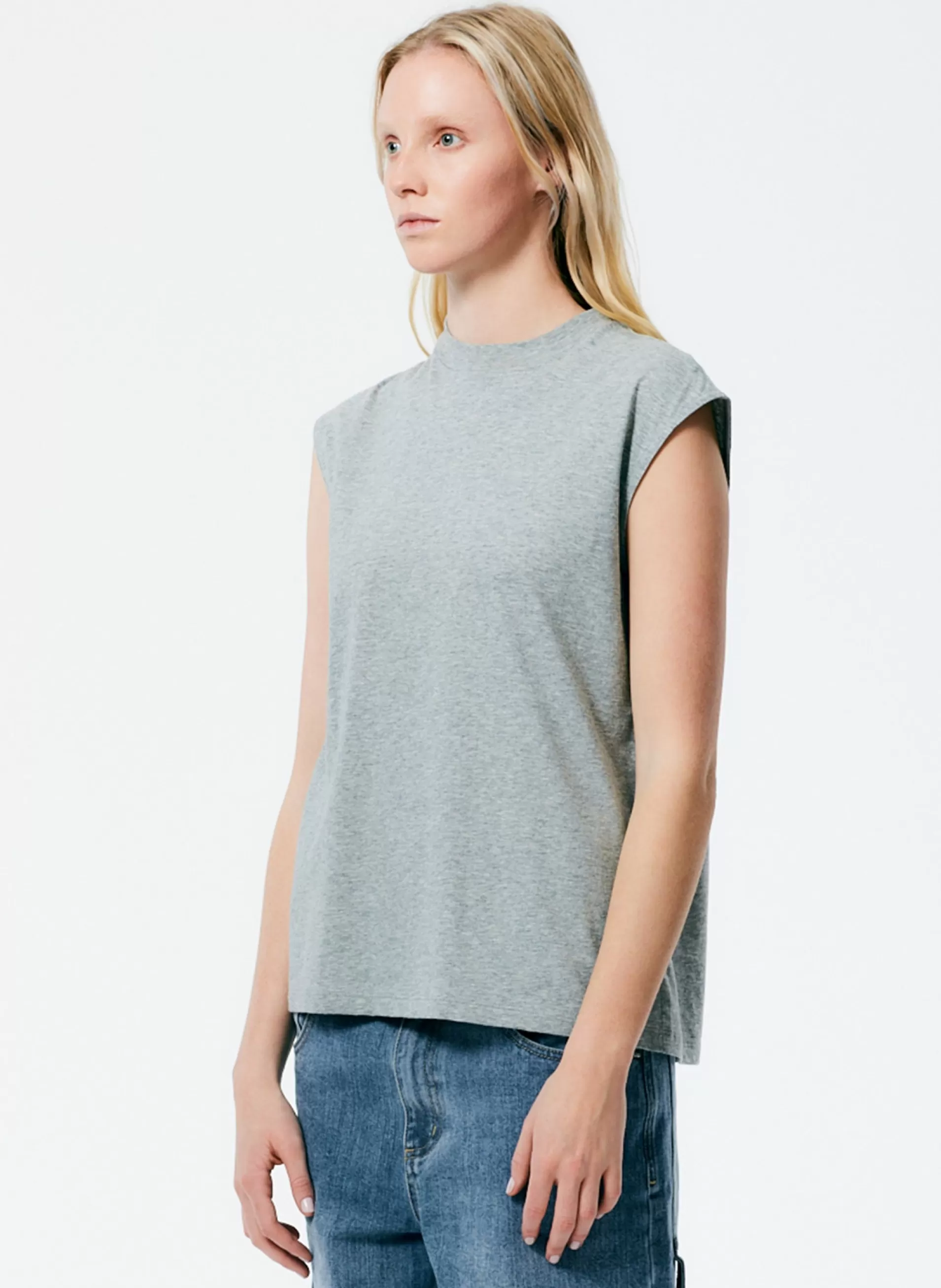 New Tibi Mock Neck Sleeveless T-Shirt Heather Grey