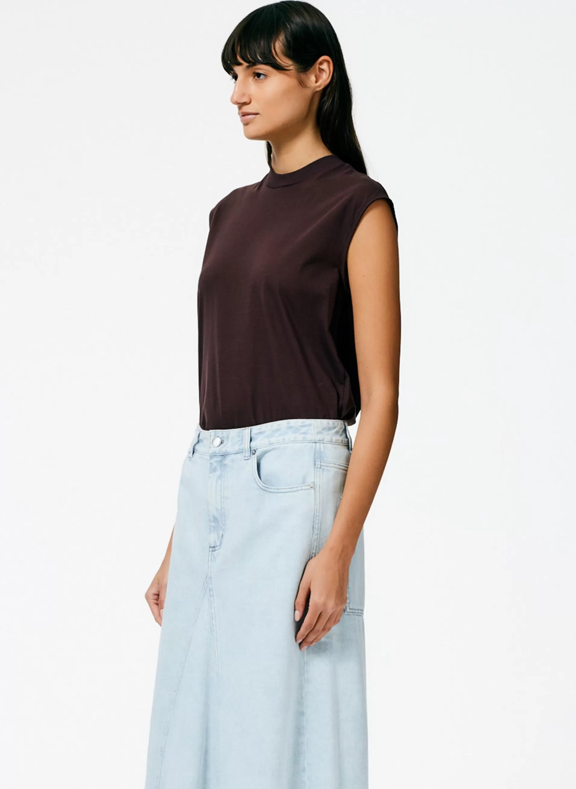 Fashion Tibi Mock Neck Sleeveless T-Shirt Brown