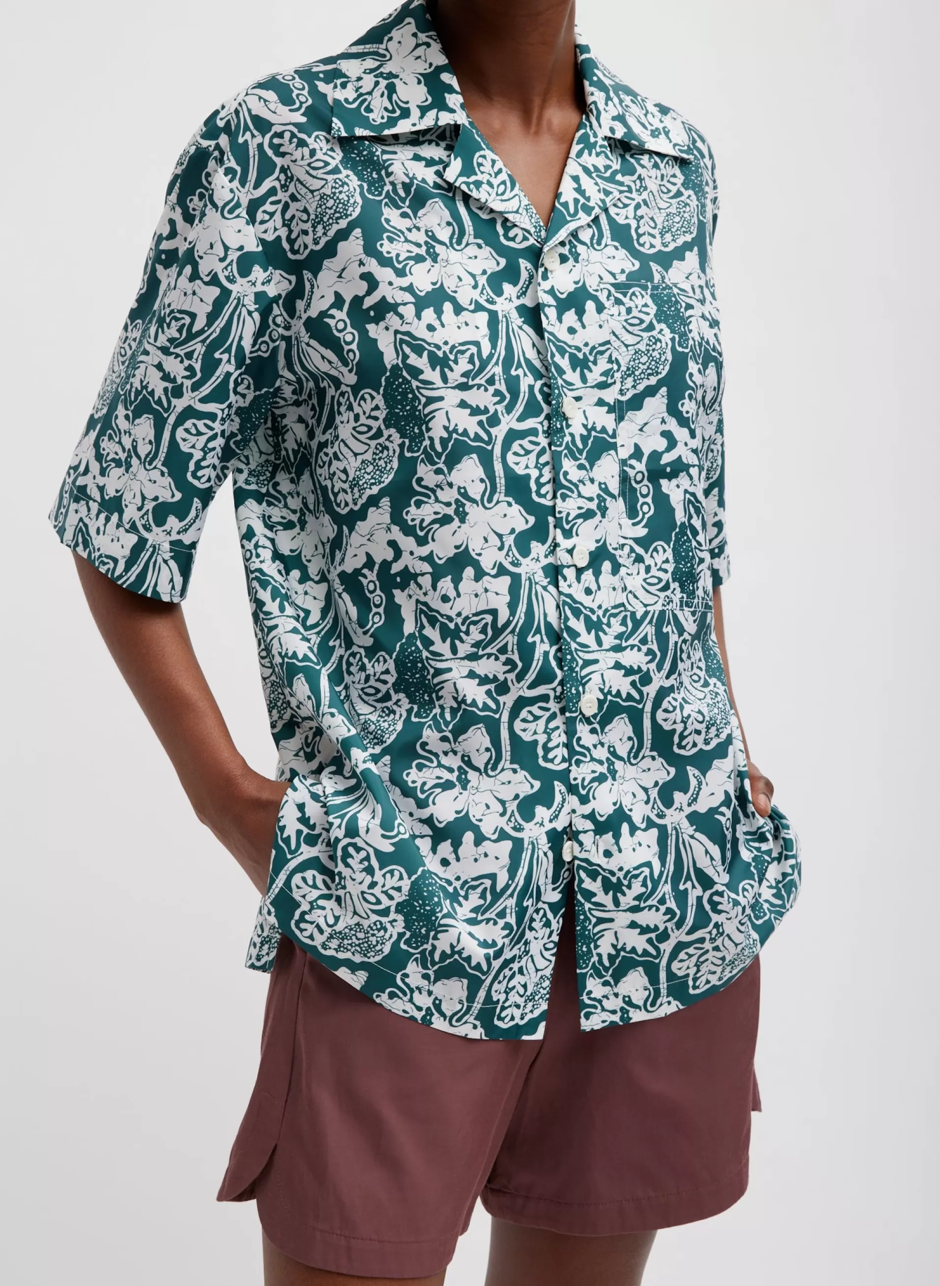 Hot Tibi Recycled Nylon Batik Camp Shirt Hunter Green Multi