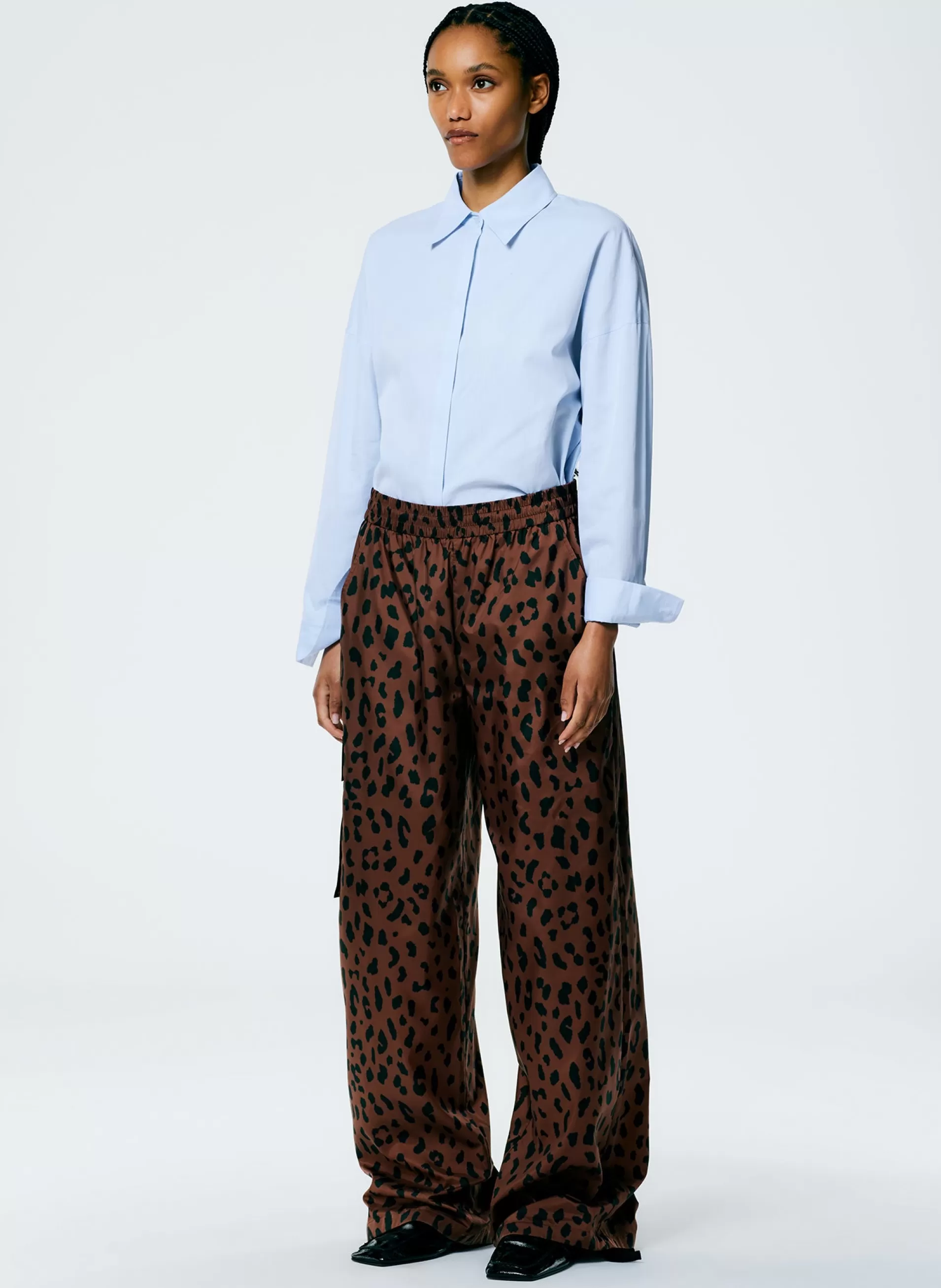 Hot Tibi Recycled Sporty Nylon Cheetah Wide Leg Pull On Pant Brown Multi