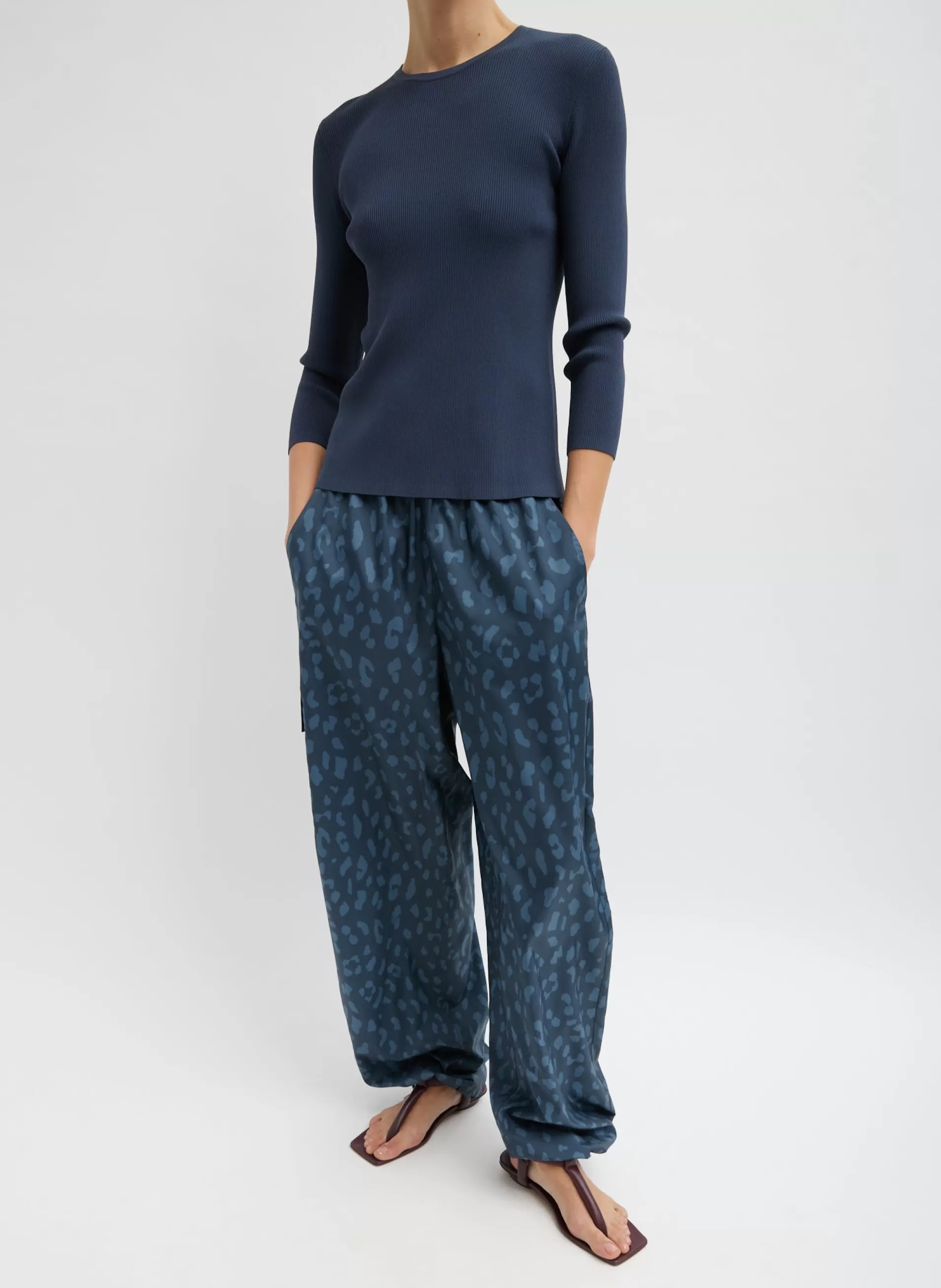 Best Tibi Recycled Sporty Nylon Cheetah Wide Leg Pull On Pant Navy Fog Multi