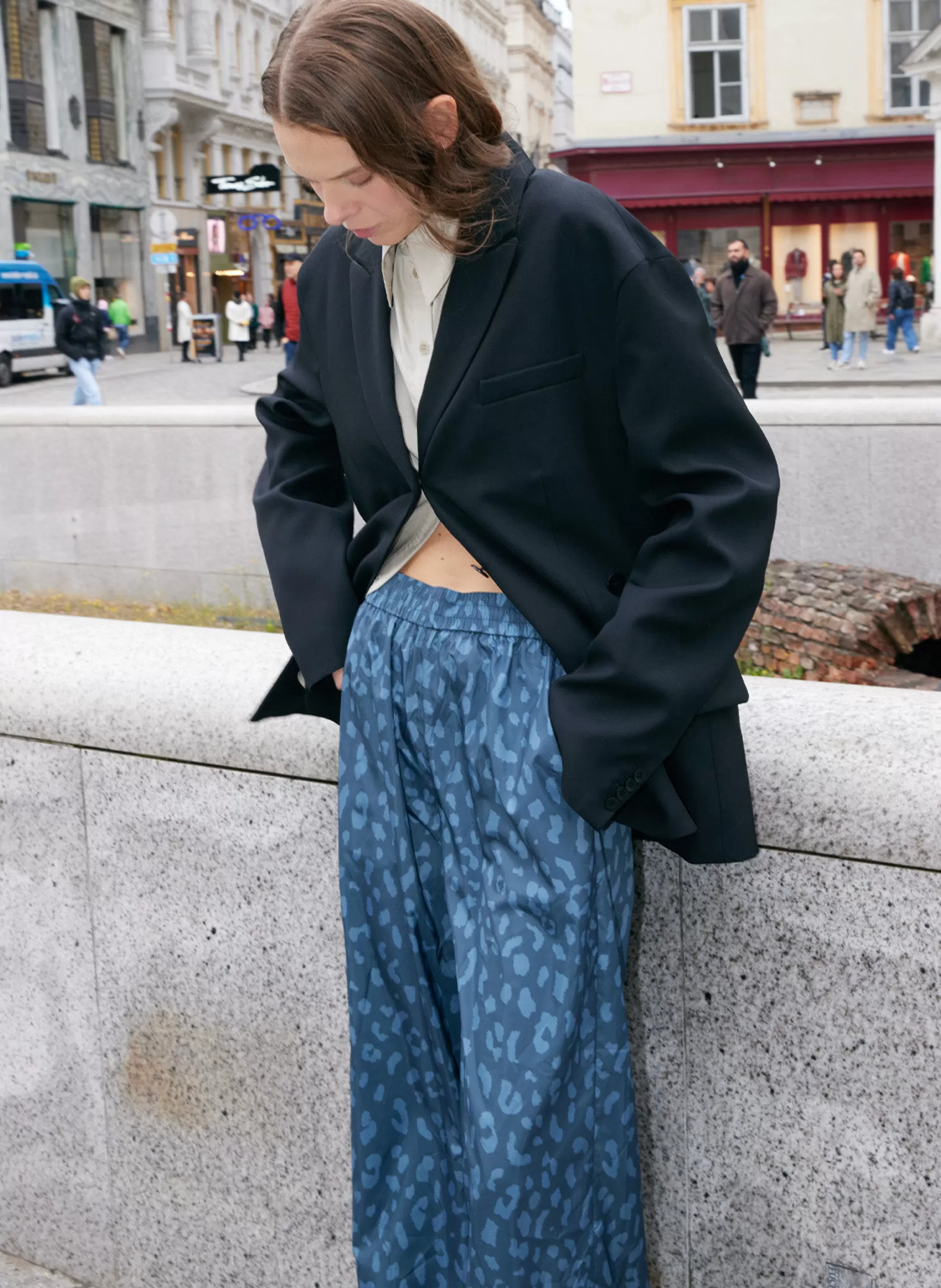 Best Tibi Recycled Sporty Nylon Cheetah Wide Leg Pull On Pant Navy Fog Multi
