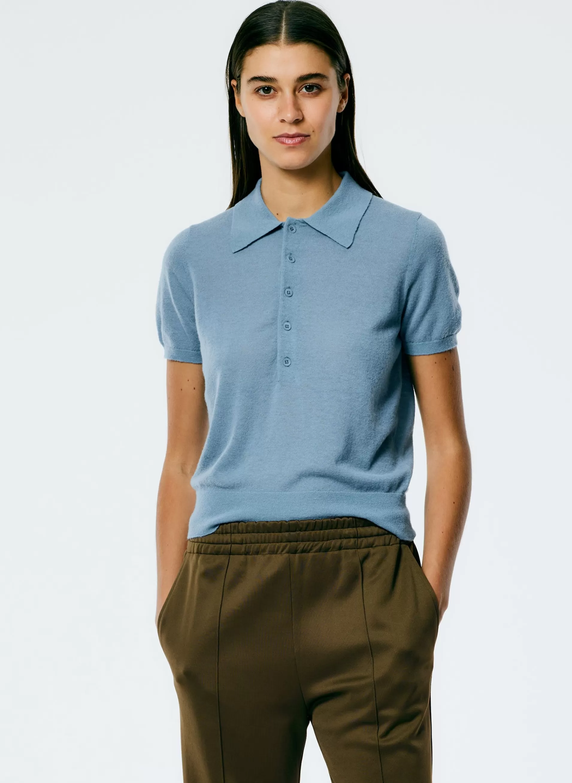 Fashion Tibi Skinlike Mercerized Wool Shrunken Polo Blue Mist