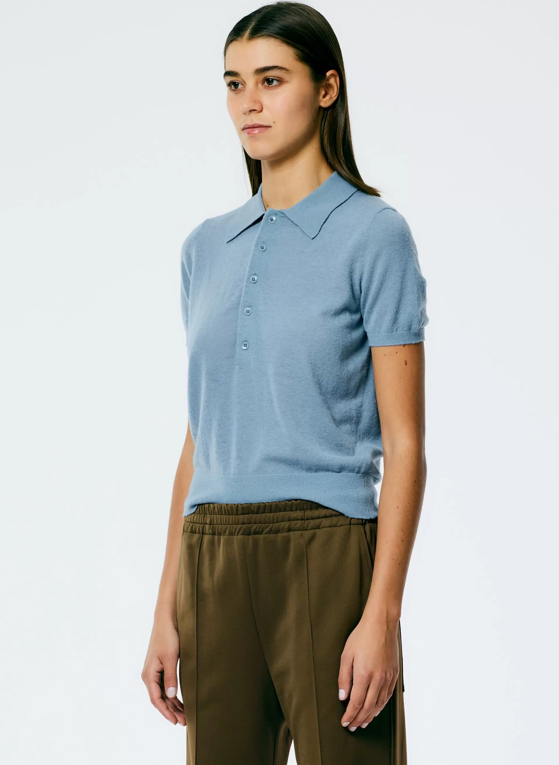 Fashion Tibi Skinlike Mercerized Wool Shrunken Polo Blue Mist