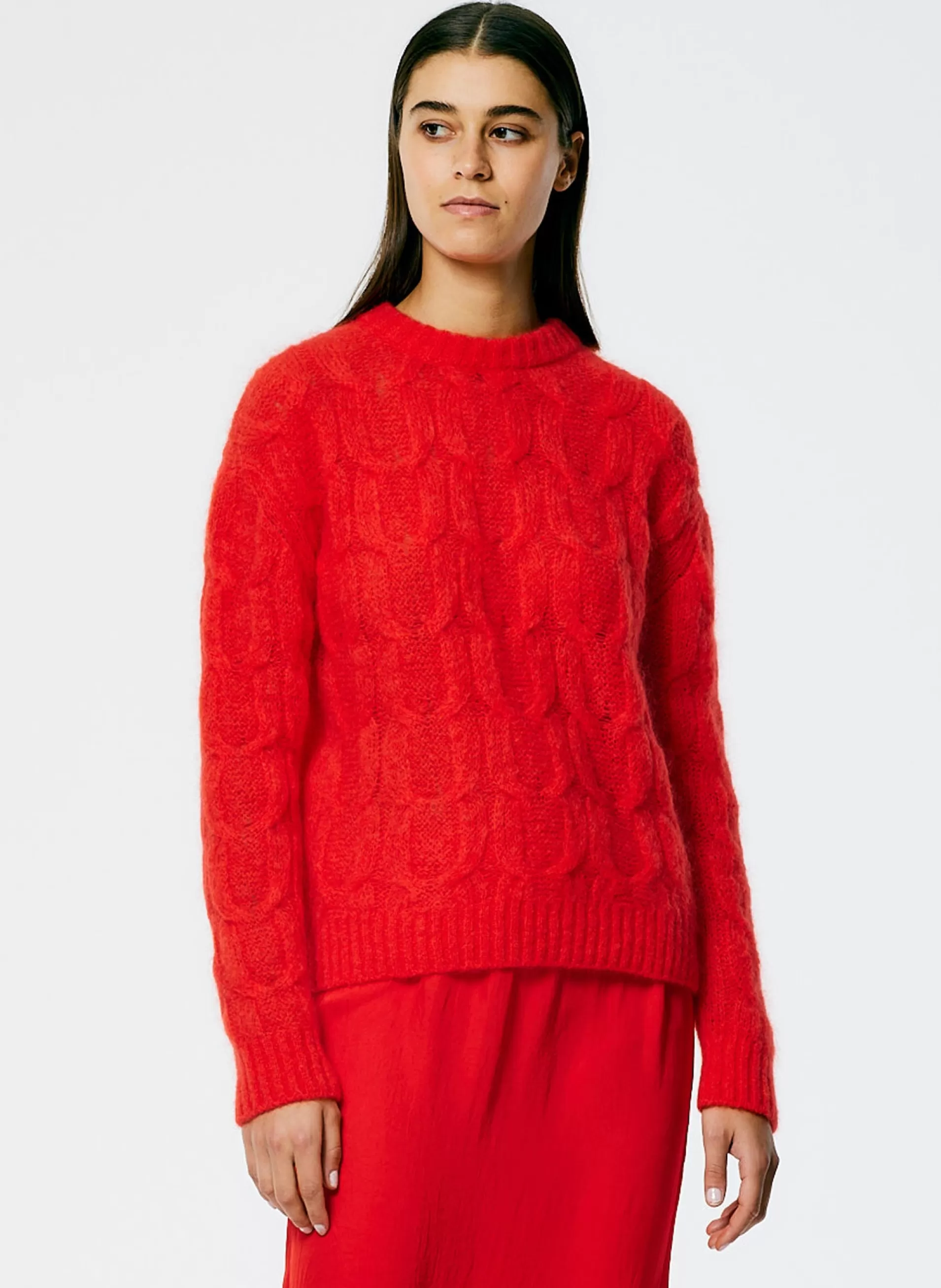 New Tibi Soft Mohair Cable Crewneck Easy Pullover Red