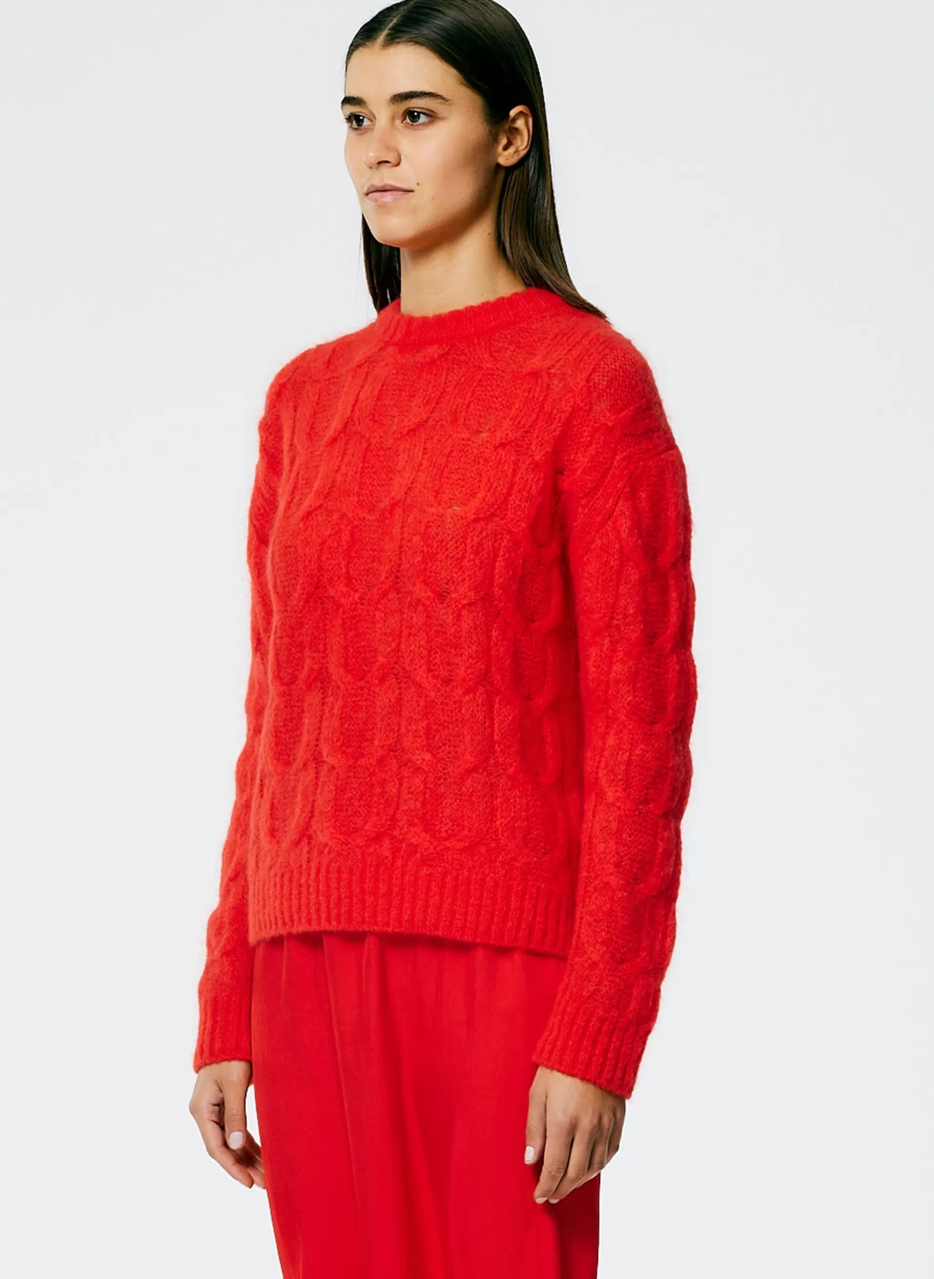 New Tibi Soft Mohair Cable Crewneck Easy Pullover Red