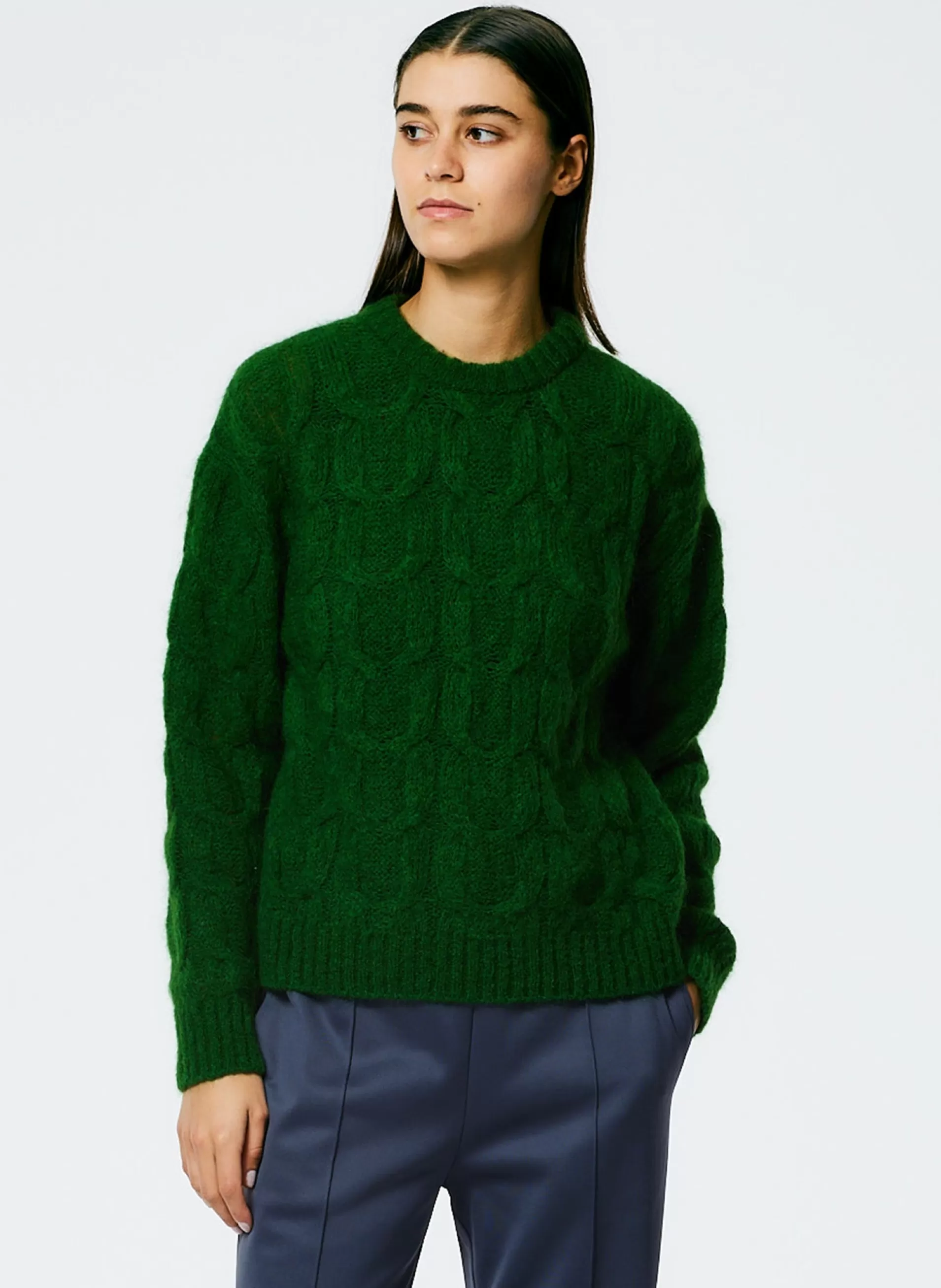 Clearance Tibi Soft Mohair Cable Crewneck Easy Pullover Grass