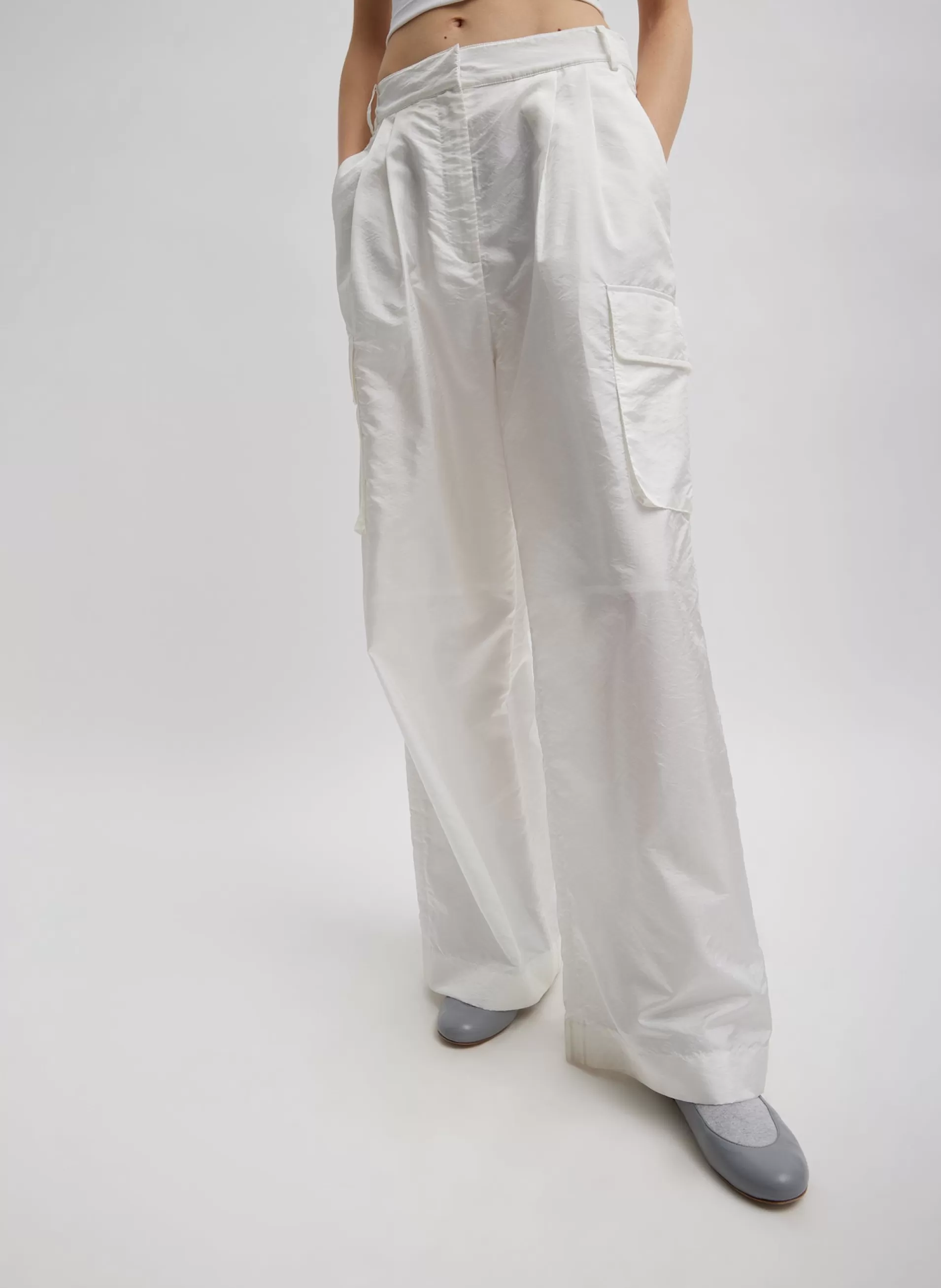 Store Tibi Stella Crispy Nylon Pleated Cargo Pant White