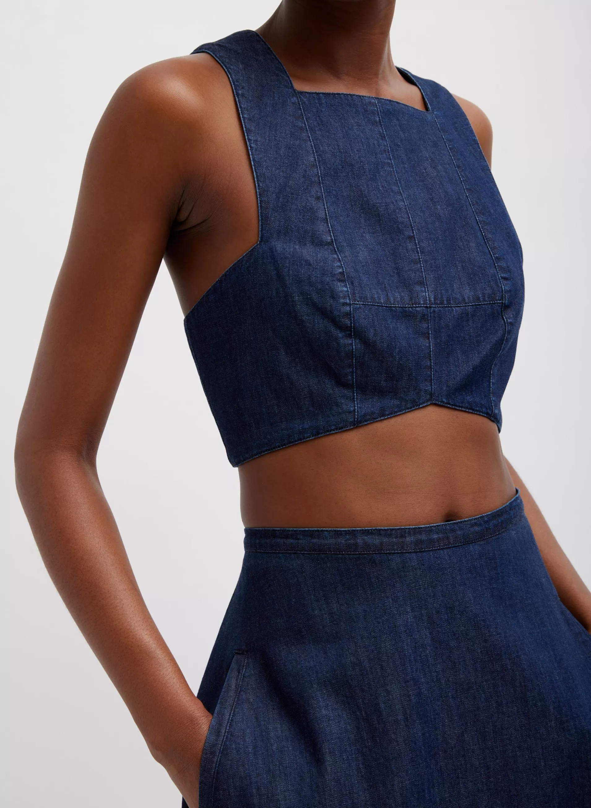 Cheap Tibi Summer Denim Square Neck Cropped Top Indigo